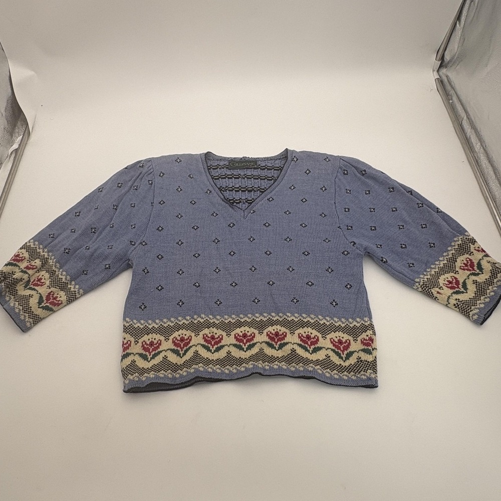 Cullinane Sweater Womens Small Blue Fair Isle Floral V Neck 3/4 Sleeve Knit